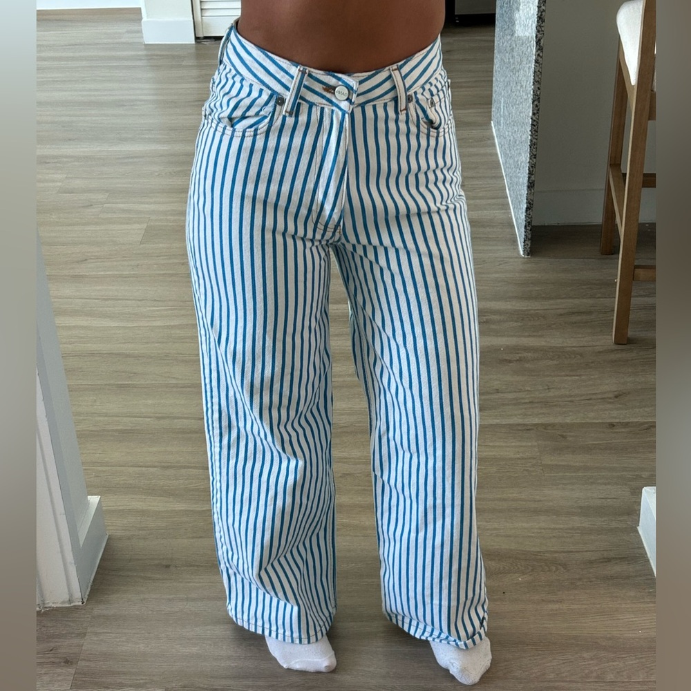 Blue and White Striped Wide-Leg Jeans